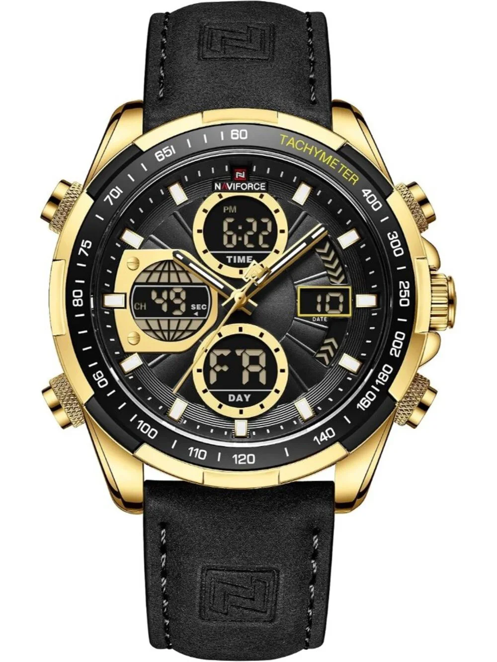 Men's Gold Black Military Digital Analog Quartz Waterproof Leather Wrist Watch